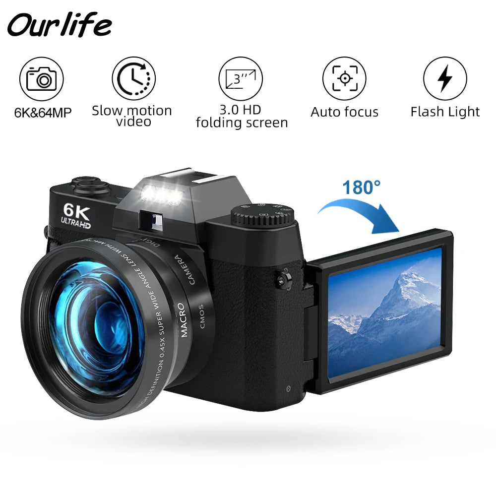 Appareil photo numérique compact Ourlife — Appareil photo 6K avec Wi-Fi, Webcam vintage, caméscope Vlog/YouTube, 64 Mpx, zoom 16x.