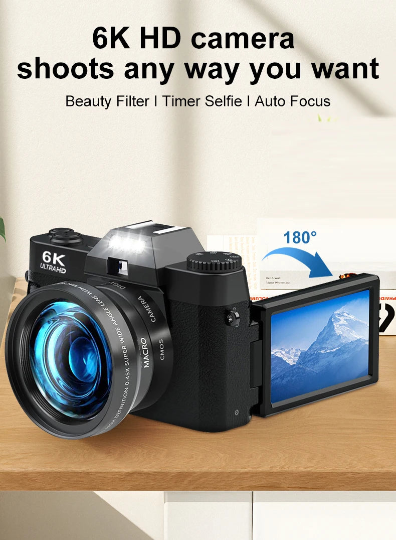 Appareil photo numérique compact Ourlife — Appareil photo 6K avec Wi-Fi, Webcam vintage, caméscope Vlog/YouTube, 64 Mpx, zoom 16x.