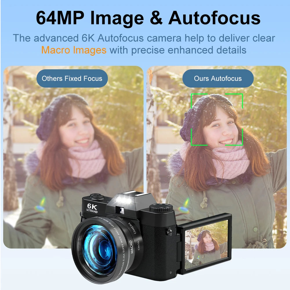 Appareil photo numérique compact Ourlife — Appareil photo 6K avec Wi-Fi, Webcam vintage, caméscope Vlog/YouTube, 64 Mpx, zoom 16x.