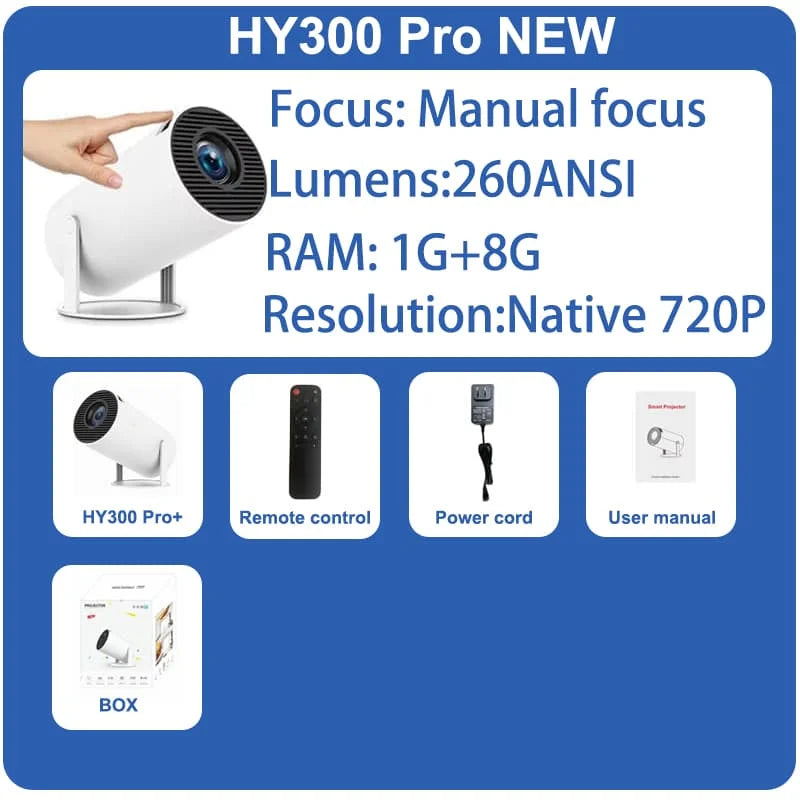Projecteur DITONG HY300 Plus Android 4K 1280*720P Double Wifi 300ANSI Vidéo Cinéma Extérieur Portable maison HD LED HY300 Pro Projecteur