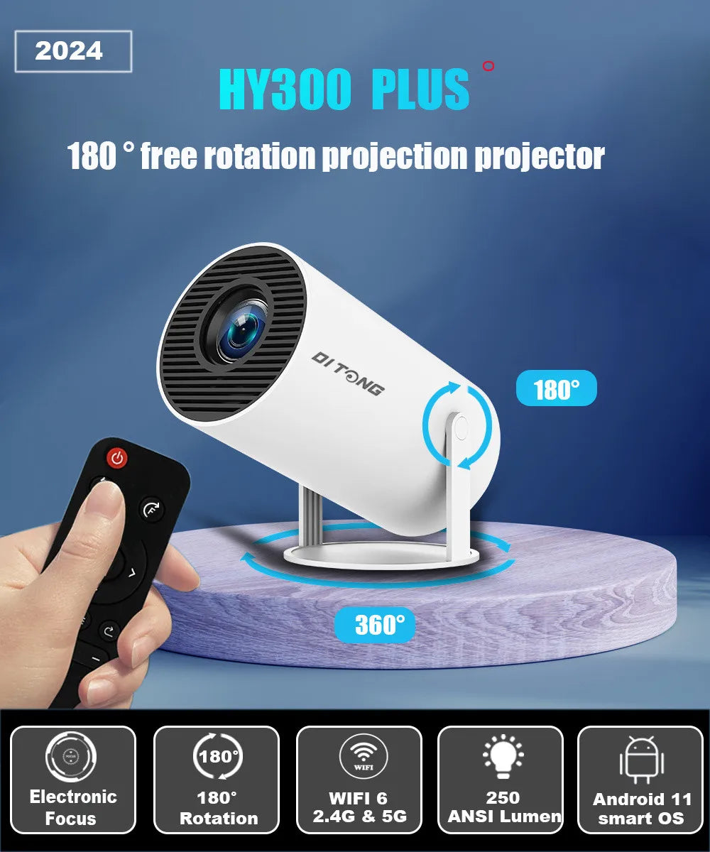 Projecteur DITONG HY300 Plus Android 4K 1280*720P Double Wifi 300ANSI Vidéo Cinéma Extérieur Portable maison HD LED HY300 Pro Projecteur