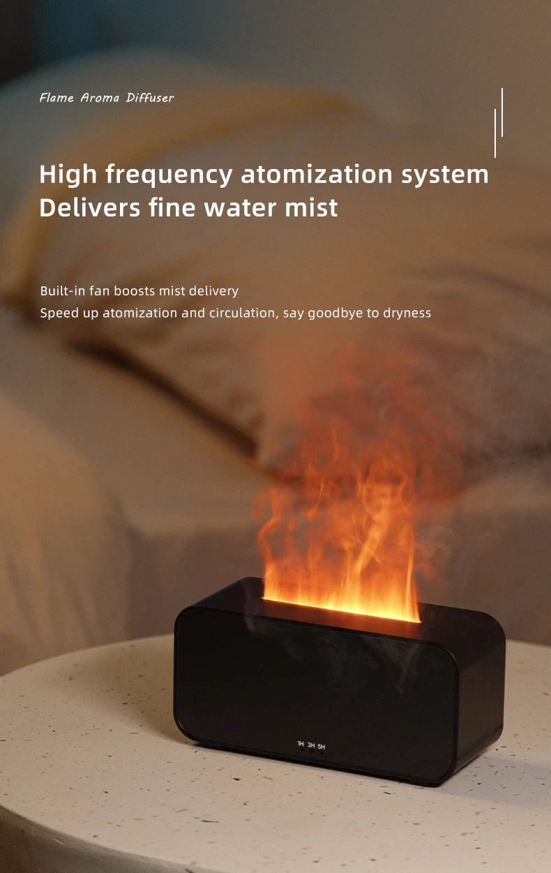 Diffuseur d’arômes à effet flamme colorée simulée — Humidificateur d’air ultrasonique à brume fraîche, avec ajout d’huiles essentielles et fonction de minuterie.