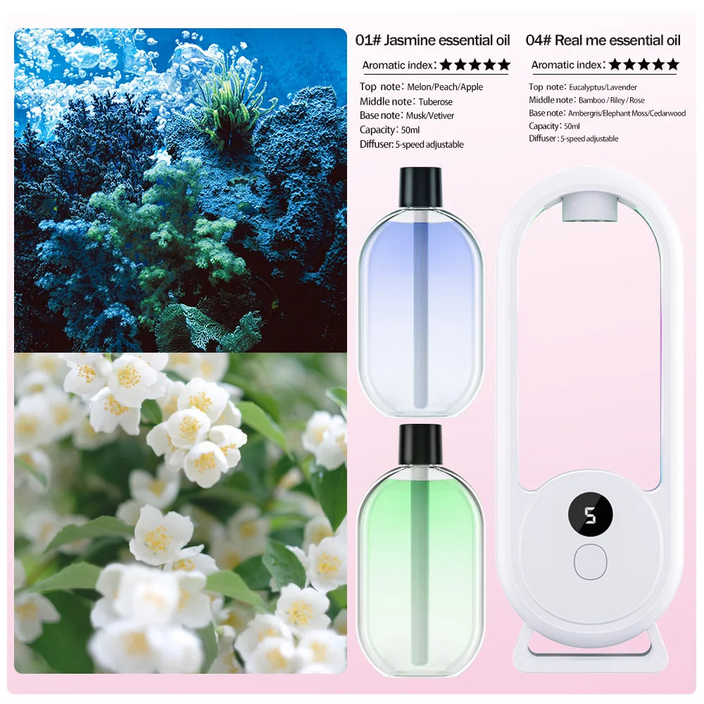 Diffuseur d’arômes portable rechargeable — Machine d’aromathérapie aux huiles essentielles, désodorisant à pulvérisation programmée (5 modes) pour éliminer les mauvaises odeurs et rafraîchir l’air.